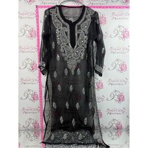 Dress long side slits sequins Black Sheer Embroidered Tunic with Silver Beading